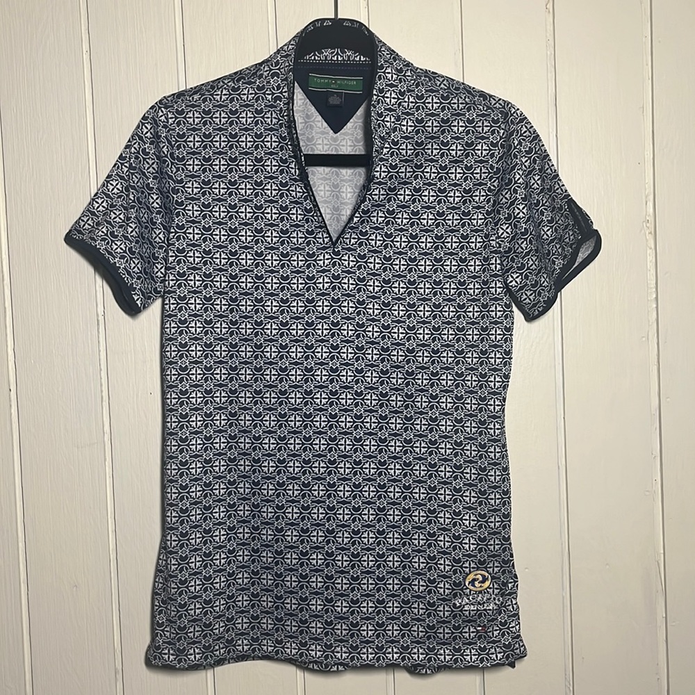 Tommy Hilfiger Blue/White Patterned Fitted Short Sleeve Golf Polo (M)